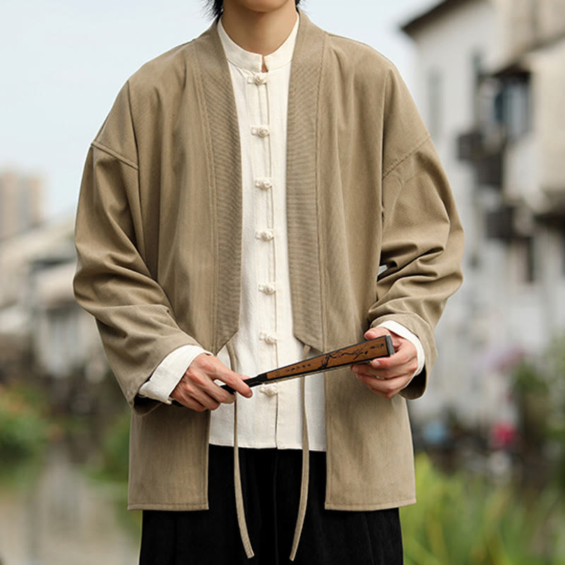 Nimara Ritual Solid Color Open Front Long Sleeve Jacket Men's Cotton Corduroy Kimono With Pockets