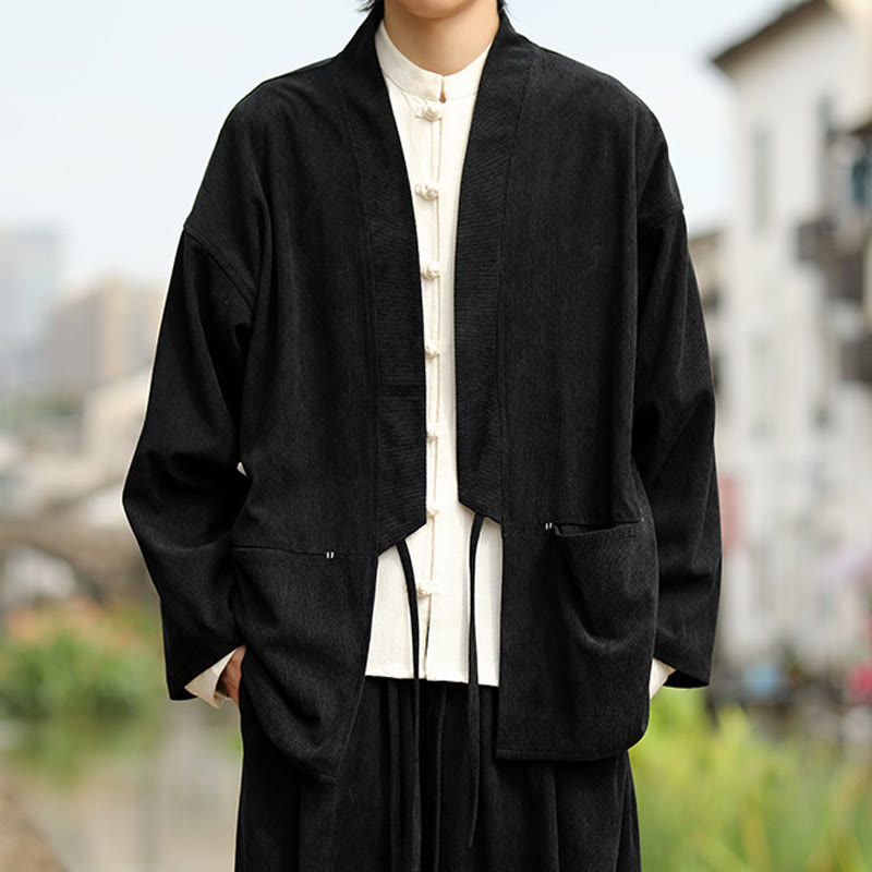 Nimara Ritual Solid Color Open Front Long Sleeve Jacket Men's Cotton Corduroy Kimono With Pockets