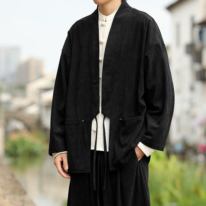 Nimara Ritual Solid Color Open Front Long Sleeve Jacket Men's Cotton Corduroy Kimono With Pockets