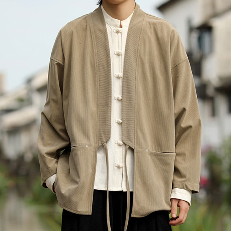 Nimara Ritual Solid Color Open Front Long Sleeve Jacket Men's Cotton Corduroy Kimono With Pockets