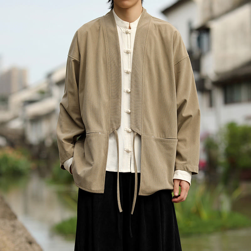 Nimara Ritual Solid Color Open Front Long Sleeve Jacket Men's Cotton Corduroy Kimono With Pockets