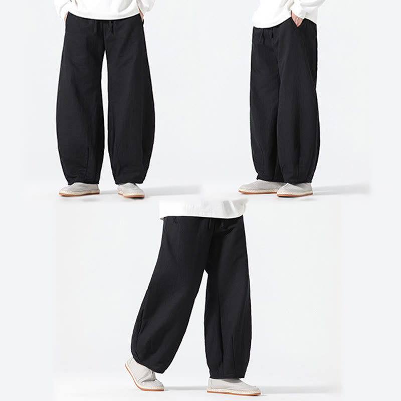 Nimara Ritual Daily Drawstring Chinese Zen Style Men's Wide Leg Pure Pants With Pockets