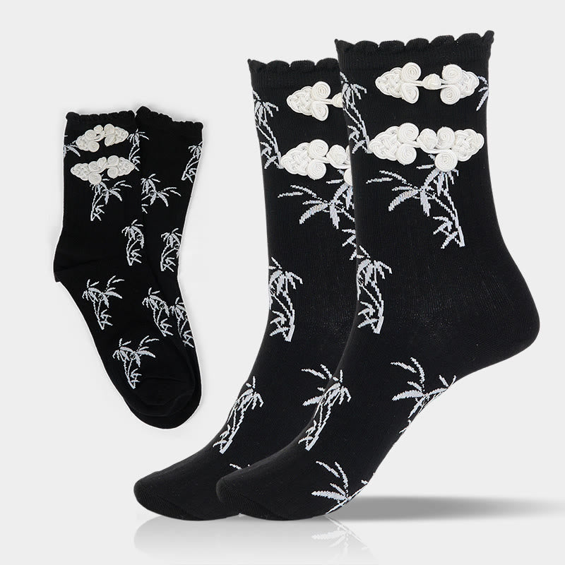 Nimara Ritual Chinese Frog-Button Design Jacquard Bamboo Pattern Micro Crew Women's Socks