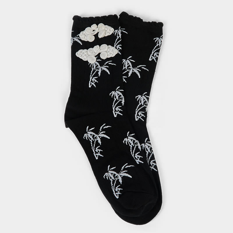 Nimara Ritual Chinese Frog-Button Design Jacquard Bamboo Pattern Micro Crew Women's Socks