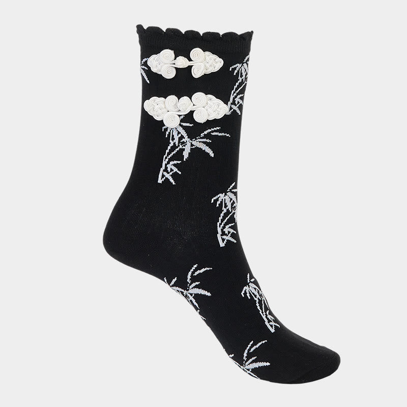 Nimara Ritual Chinese Frog-Button Design Jacquard Bamboo Pattern Micro Crew Women's Socks