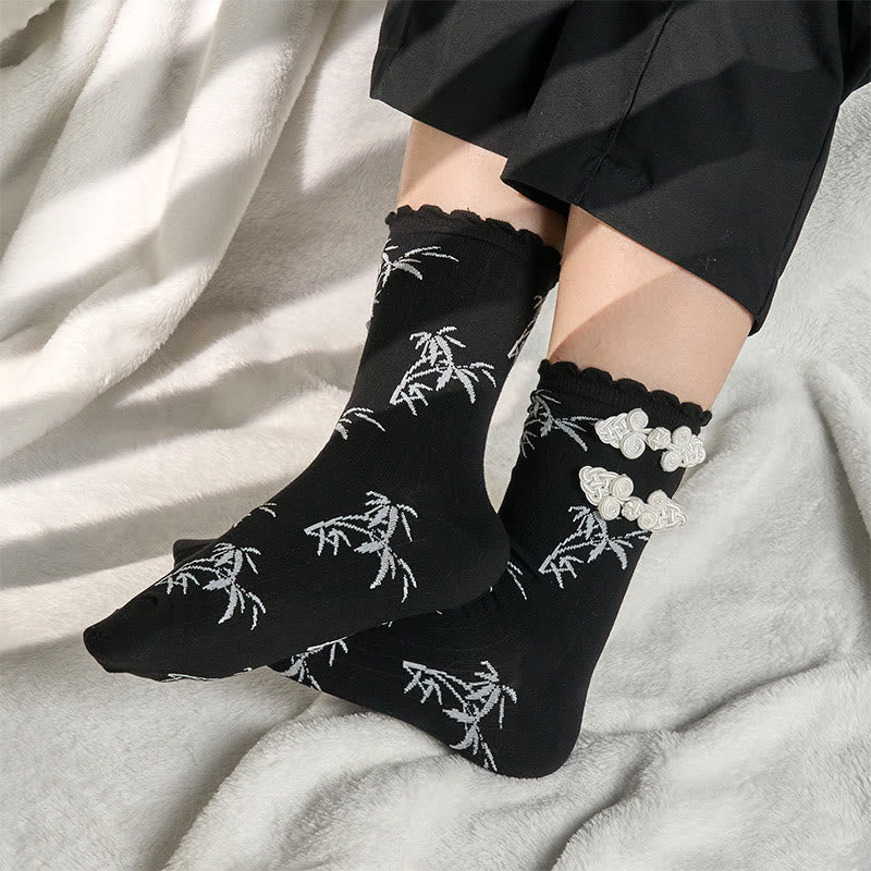 Nimara Ritual Chinese Frog-Button Design Jacquard Bamboo Pattern Micro Crew Women's Socks