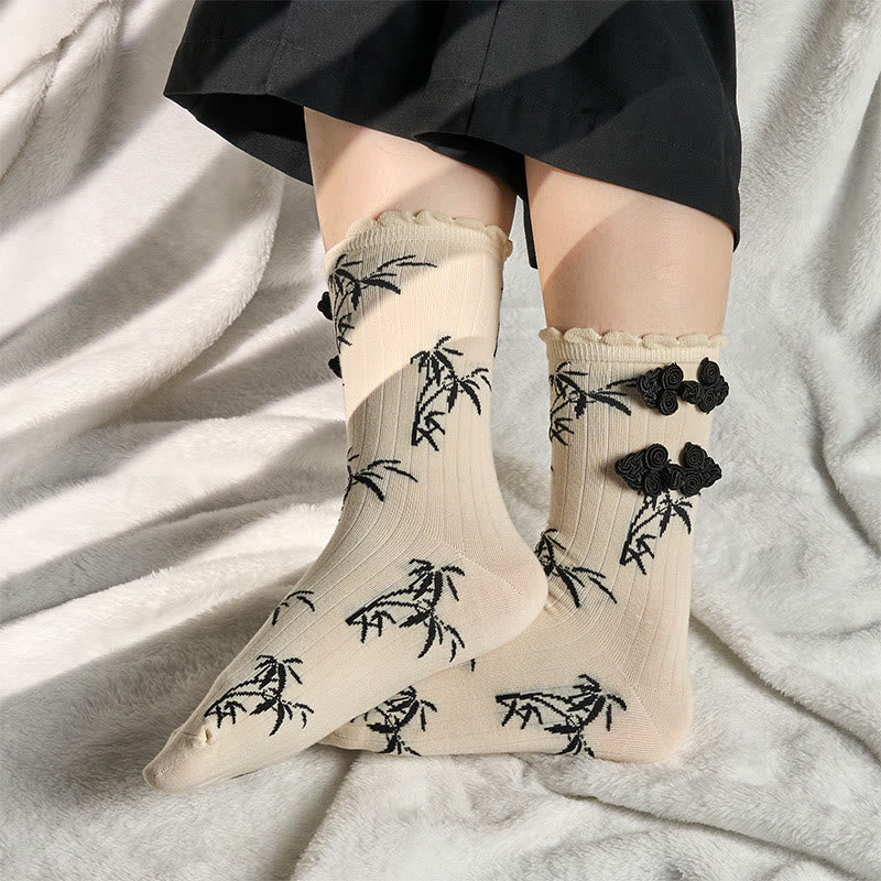 Nimara Ritual Chinese Frog-Button Design Jacquard Bamboo Pattern Micro Crew Women's Socks