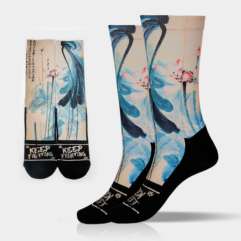 Nimara Ritual Casual Lotus Chinese Landscape Painting Micro Crew Men Women Unisex Socks