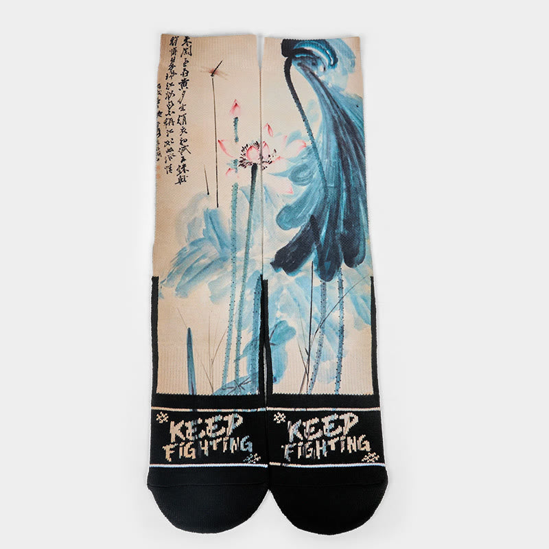 Nimara Ritual Casual Lotus Chinese Landscape Painting Micro Crew Men Women Unisex Socks