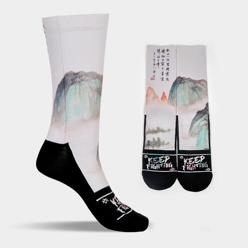 Nimara Ritual Casual Lotus Chinese Landscape Painting Micro Crew Men Women Unisex Socks