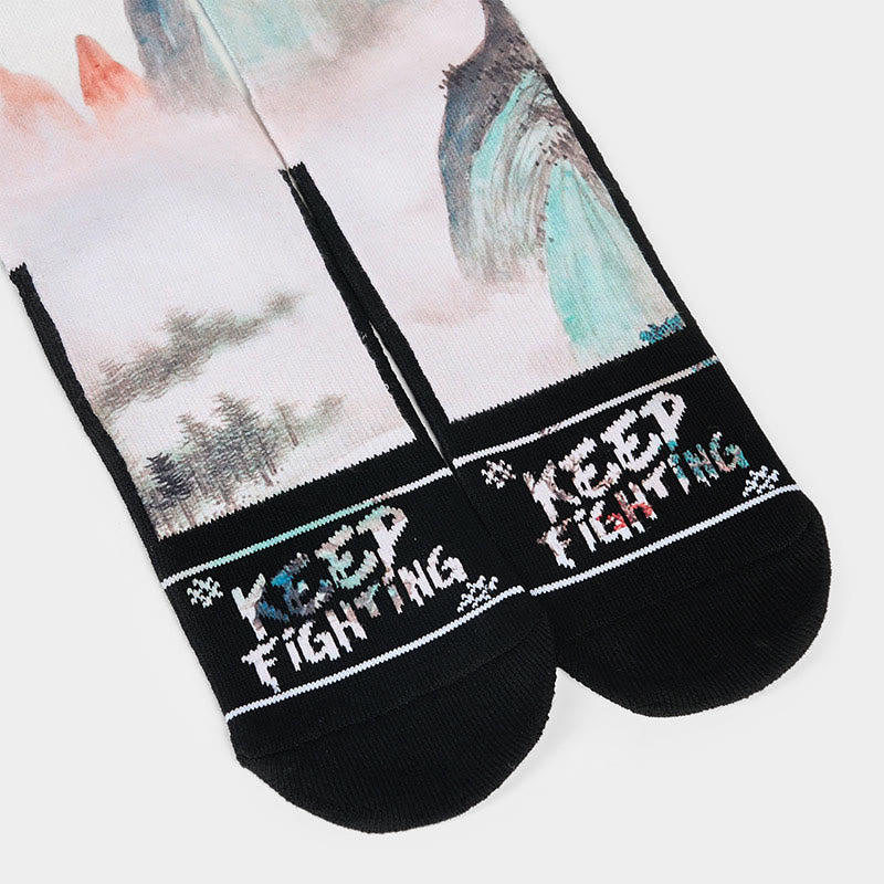 Nimara Ritual Casual Lotus Chinese Landscape Painting Micro Crew Men Women Unisex Socks