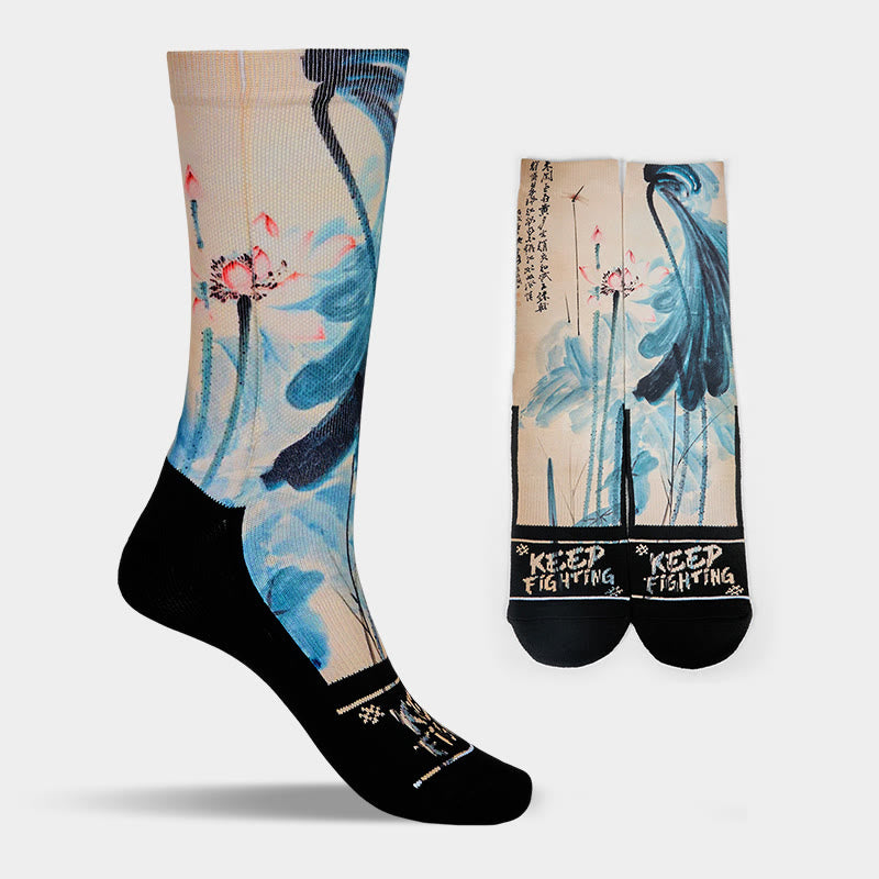 Nimara Ritual Casual Lotus Chinese Landscape Painting Micro Crew Men Women Unisex Socks