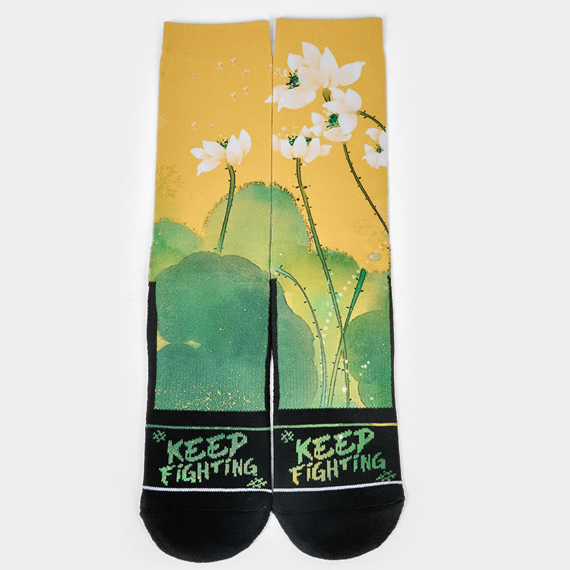 Nimara Ritual Casual Beige Lotus Flowers Leaves Micro Crew Men Women Unisex Socks