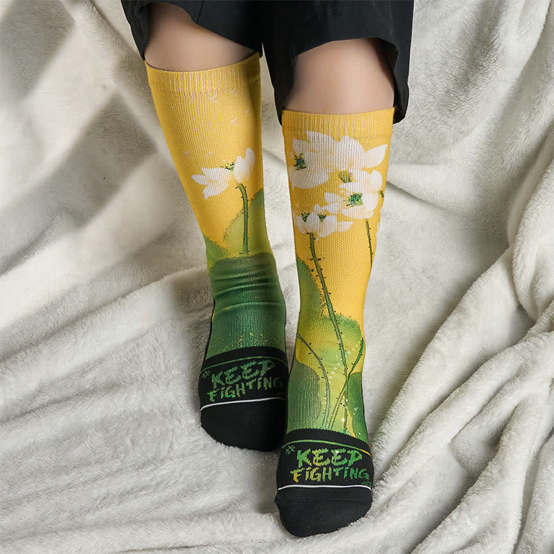 Nimara Ritual Casual Beige Lotus Flowers Leaves Micro Crew Men Women Unisex Socks