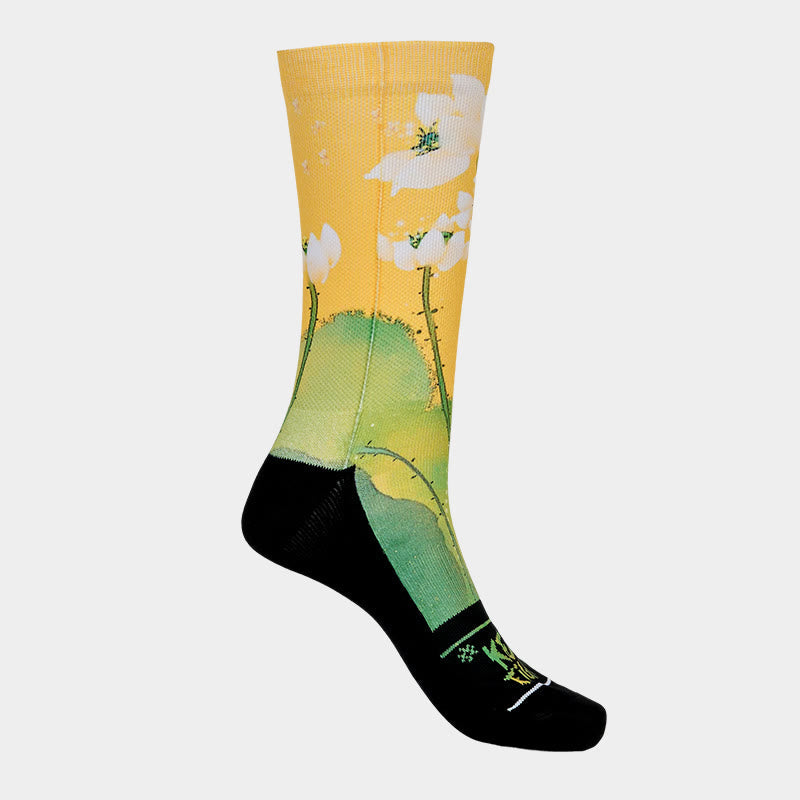 Nimara Ritual Casual Beige Lotus Flowers Leaves Micro Crew Men Women Unisex Socks
