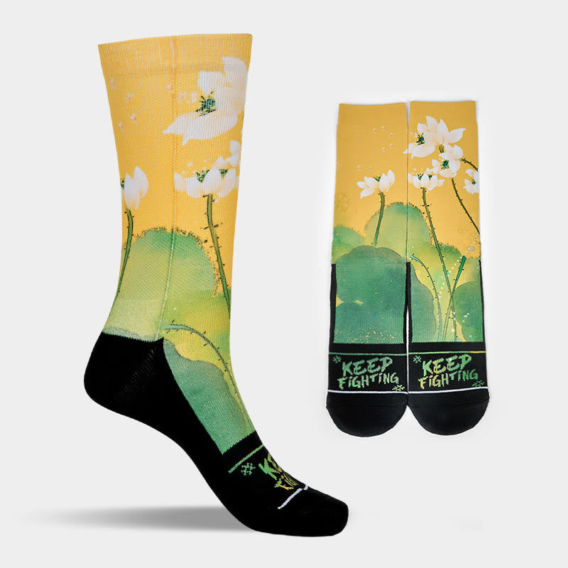 Nimara Ritual Casual Beige Lotus Flowers Leaves Micro Crew Men Women Unisex Socks