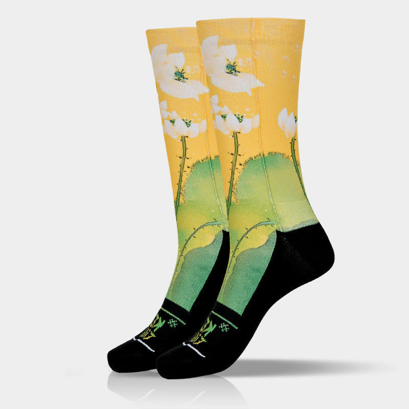 Nimara Ritual Casual Beige Lotus Flowers Leaves Micro Crew Men Women Unisex Socks