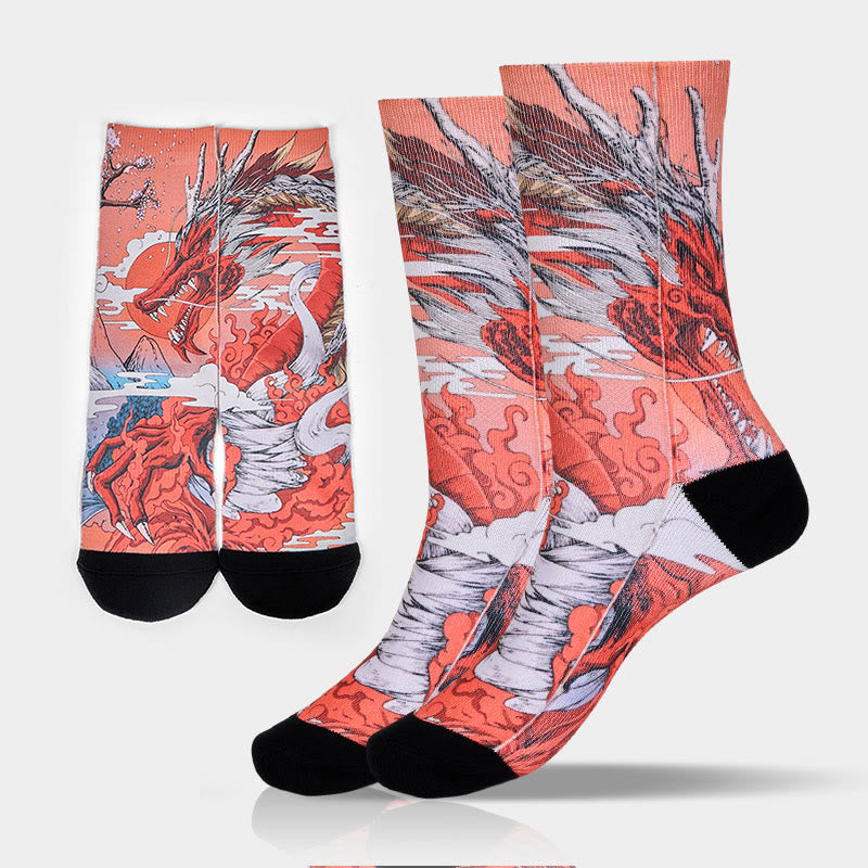 Nimara Ritual Casual Red Dragon Volcano Sun Tree Mountains Micro Crew Men Women Unisex Socks