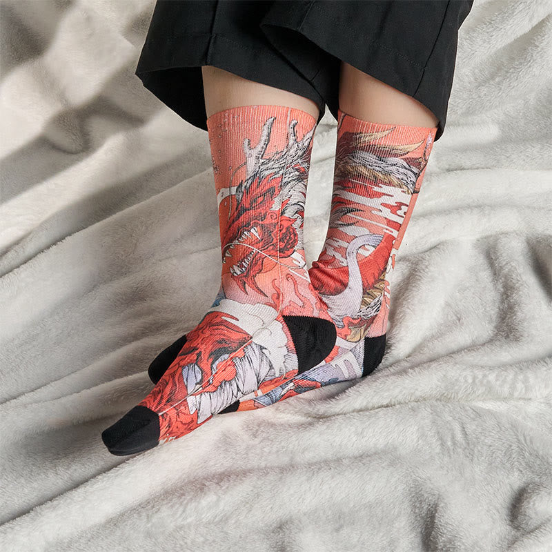 Nimara Ritual Casual Red Dragon Volcano Sun Tree Mountains Micro Crew Men Women Unisex Socks