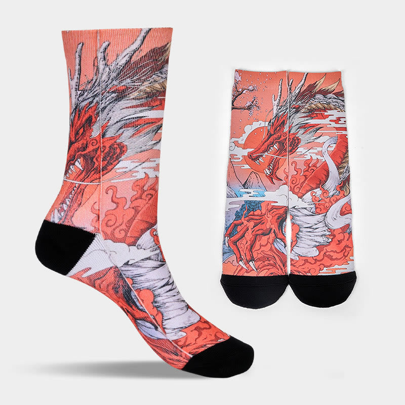 Nimara Ritual Casual Red Dragon Volcano Sun Tree Mountains Micro Crew Men Women Unisex Socks