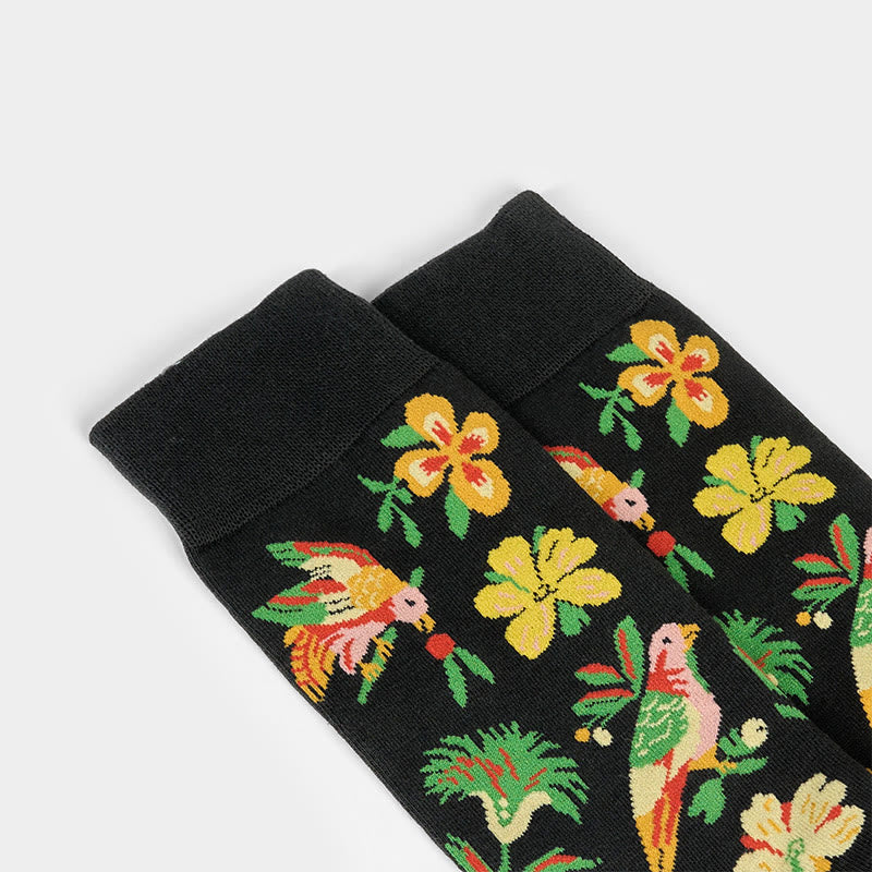Nimara Ritual Blooming Flower Bird Pattern Men Women Unisex Cotton Crew Socks