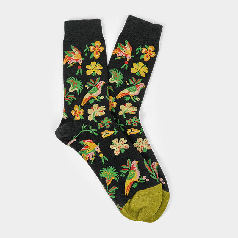 Nimara Ritual Blooming Flower Bird Pattern Men Women Unisex Cotton Crew Socks