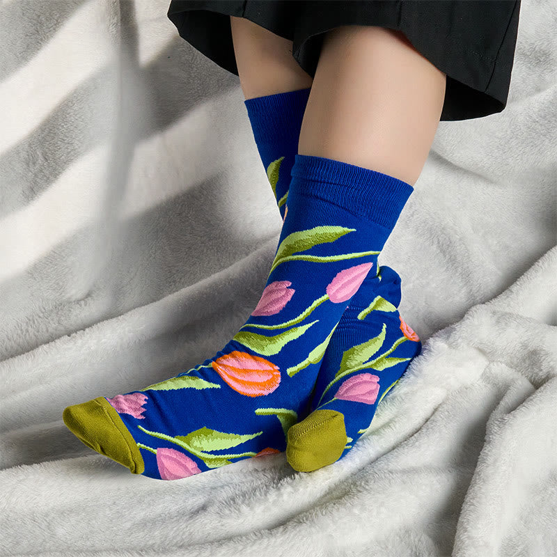 Nimara Ritual Mediumblue Tulip Pattern Men Women Unisex Cotton Crew Socks