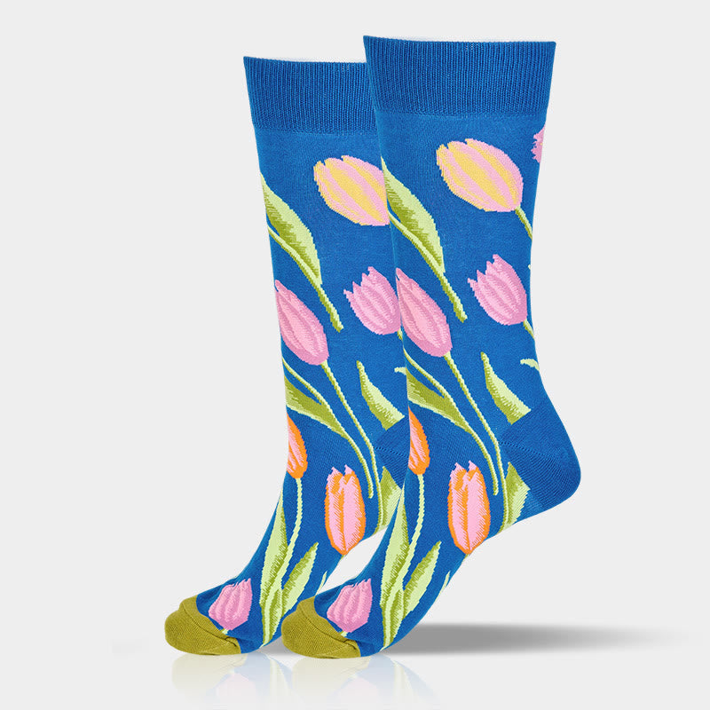 Nimara Ritual Mediumblue Tulip Pattern Men Women Unisex Cotton Crew Socks