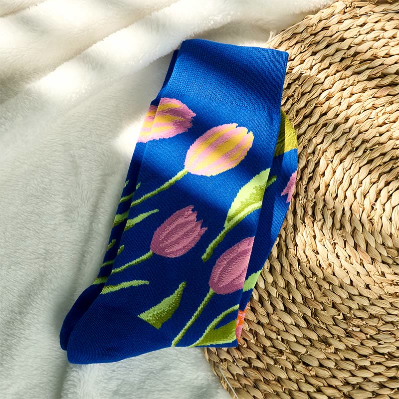 Nimara Ritual Mediumblue Tulip Pattern Men Women Unisex Cotton Crew Socks