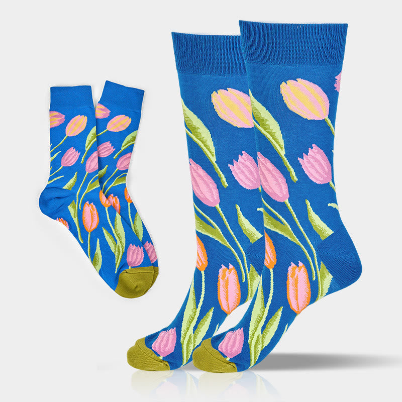 Nimara Ritual Mediumblue Tulip Pattern Men Women Unisex Cotton Crew Socks