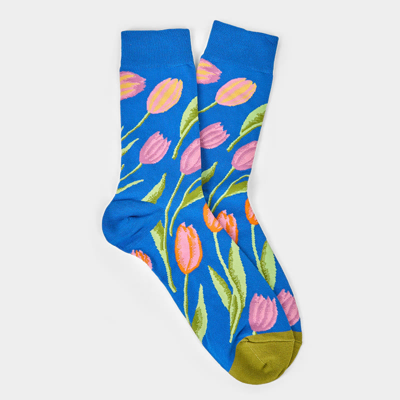 Nimara Ritual Mediumblue Tulip Pattern Men Women Unisex Cotton Crew Socks