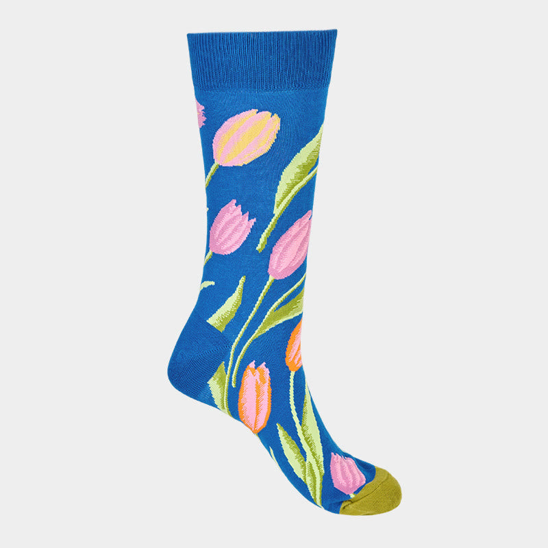 Nimara Ritual Mediumblue Tulip Pattern Men Women Unisex Cotton Crew Socks