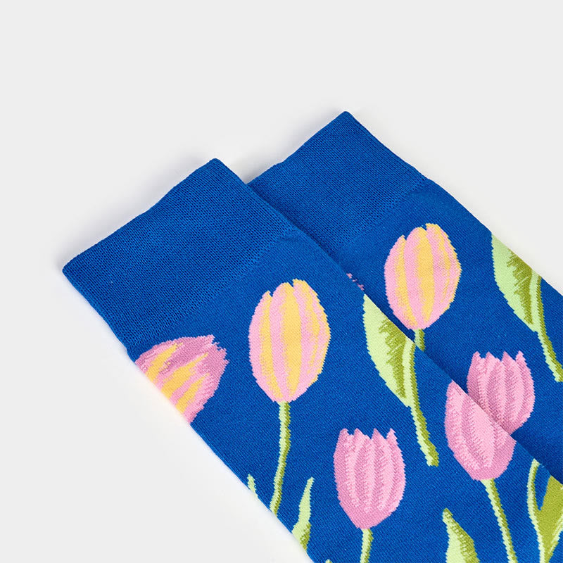 Nimara Ritual Mediumblue Tulip Pattern Men Women Unisex Cotton Crew Socks