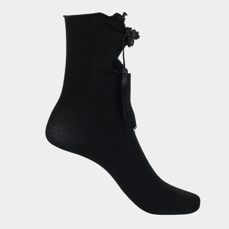 Nimara Ritual Pure Color Chinese Frog-Button Tassels Design Women's Micro Crew Cotton Socks