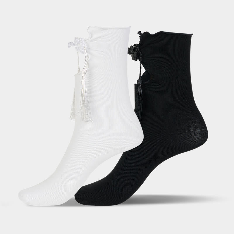 Nimara Ritual Pure Color Chinese Frog-Button Tassels Design Women's Micro Crew Cotton Socks