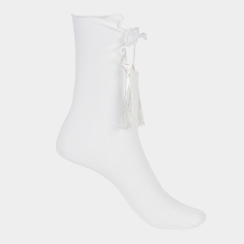 Nimara Ritual Pure Color Chinese Frog-Button Tassels Design Women's Micro Crew Cotton Socks