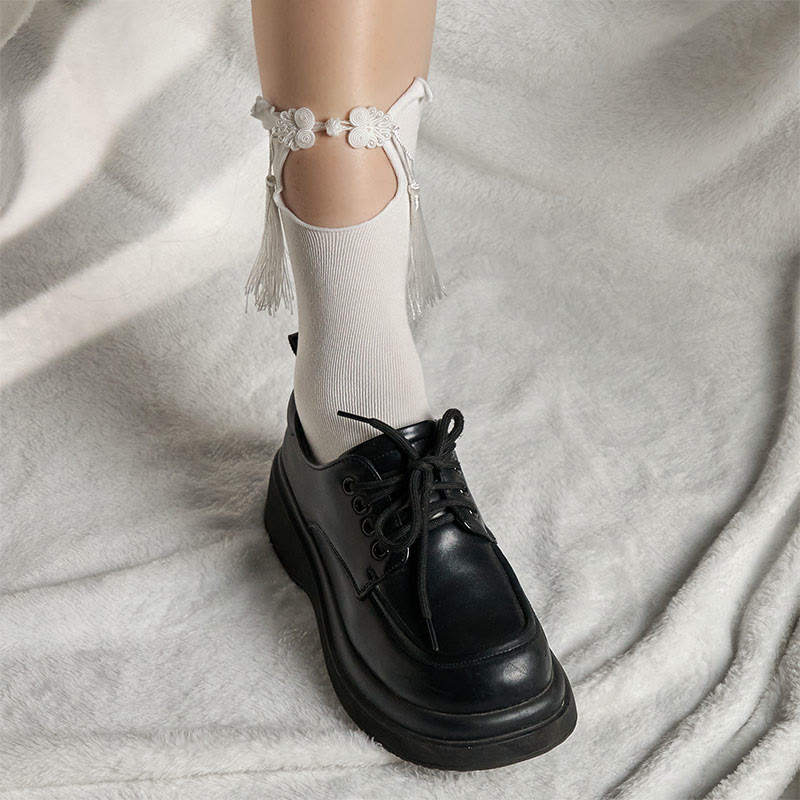 Nimara Ritual Pure Color Chinese Frog-Button Tassels Design Women's Micro Crew Cotton Socks