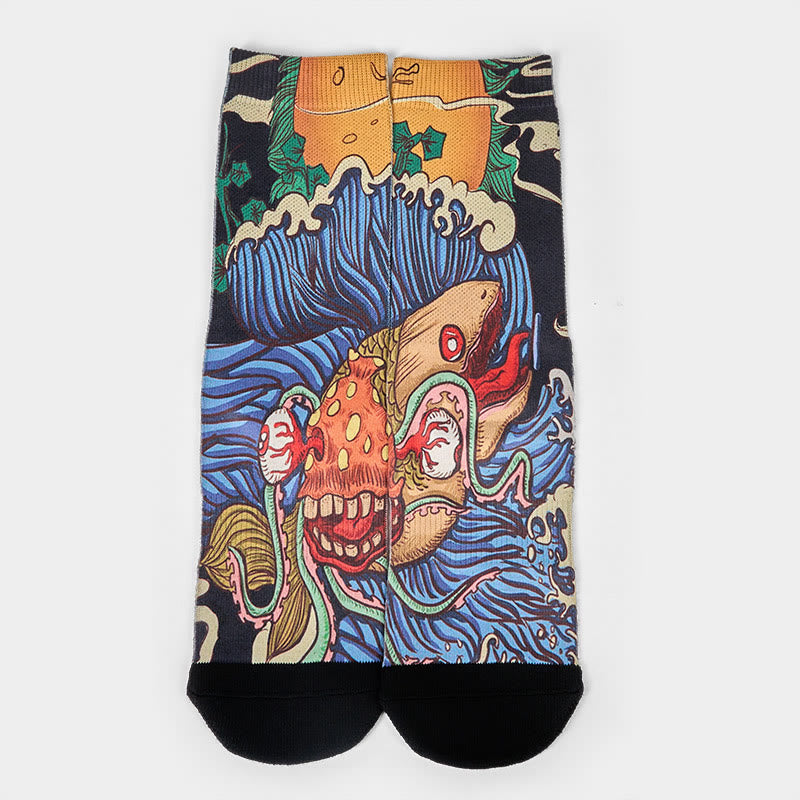 Nimara Ritual Casual Vivid Fish Flowing Waves Micro Crew Men Women Unisex Socks