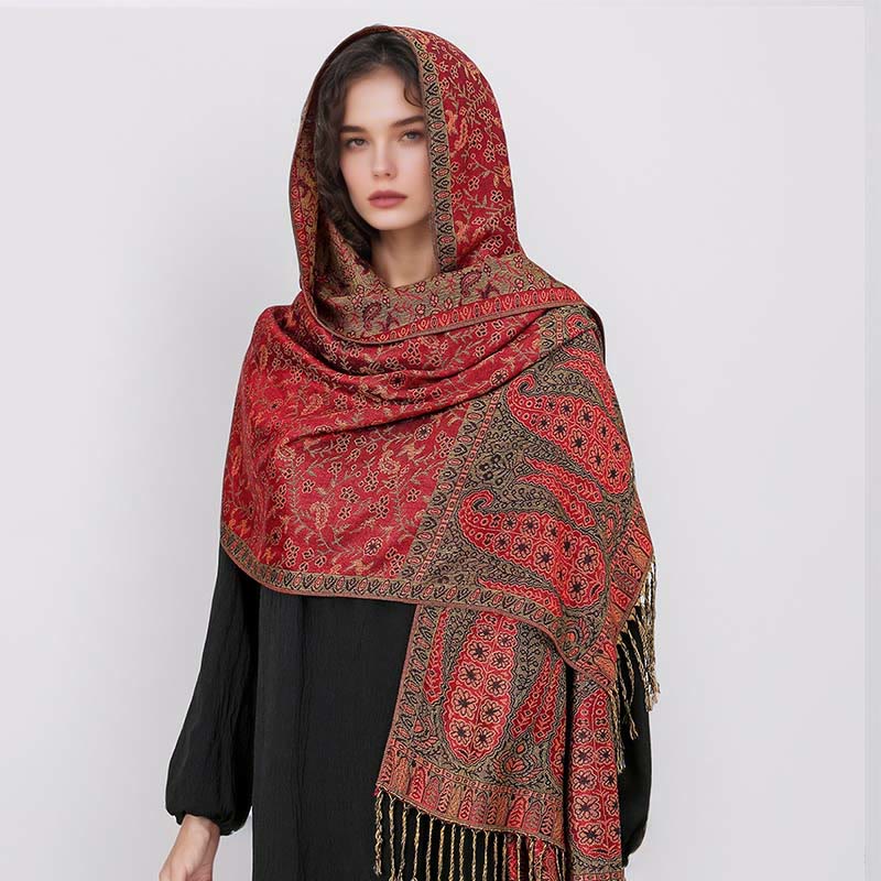 Nimara Ritual Tibetan Jacquard Paisley Flower Pattern Color Contrast Design Tassel Cozy Scarf Shawl