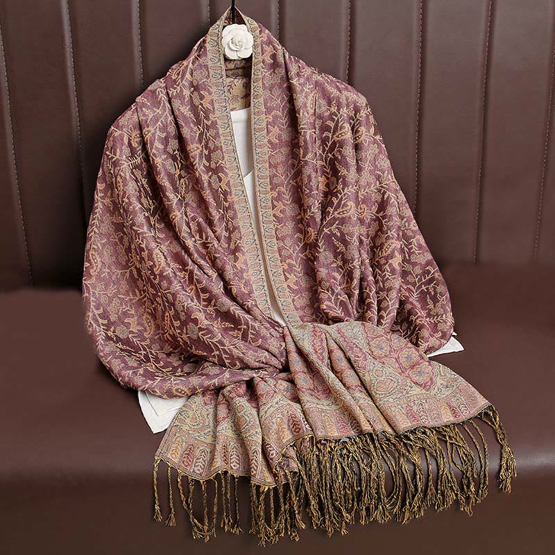 Nimara Ritual Tibetan Jacquard Paisley Flower Pattern Color Contrast Design Tassel Cozy Scarf Shawl