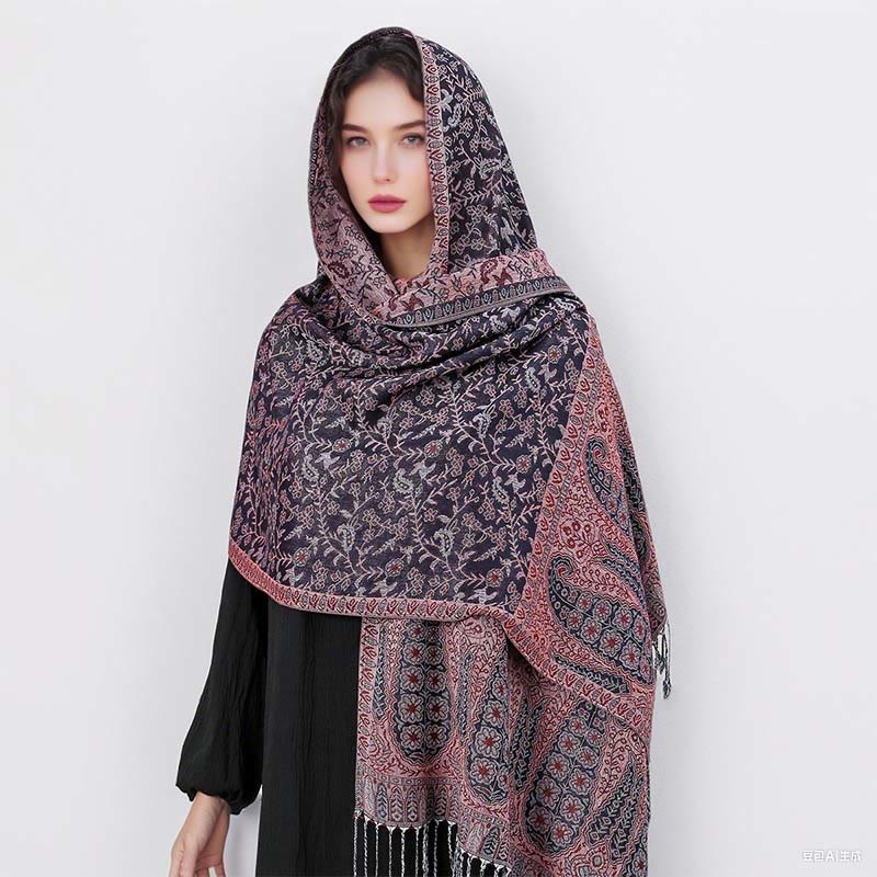 Nimara Ritual Tibetan Jacquard Paisley Flower Pattern Color Contrast Design Tassel Cozy Scarf Shawl