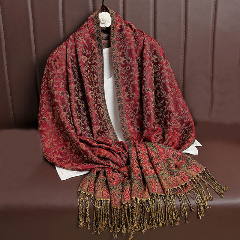 Nimara Ritual Tibetan Jacquard Paisley Flower Pattern Color Contrast Design Tassel Cozy Scarf Shawl