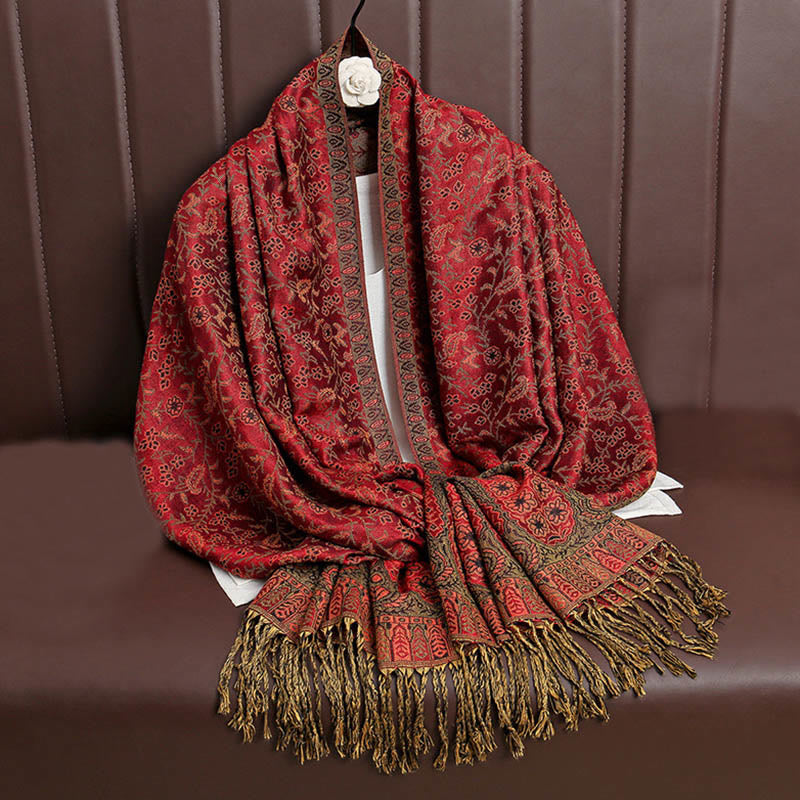 Nimara Ritual Tibetan Jacquard Paisley Flower Pattern Color Contrast Design Tassel Cozy Scarf Shawl