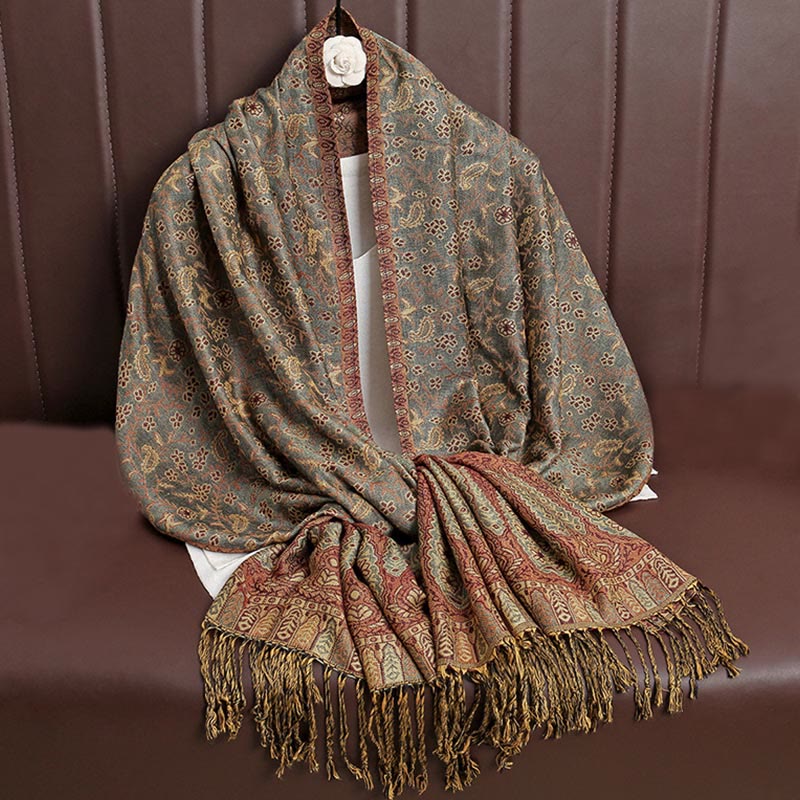 Nimara Ritual Tibetan Jacquard Paisley Flower Pattern Color Contrast Design Tassel Cozy Scarf Shawl