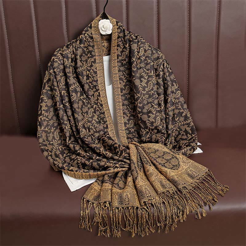 Nimara Ritual Tibetan Jacquard Paisley Flower Pattern Color Contrast Design Tassel Cozy Scarf Shawl