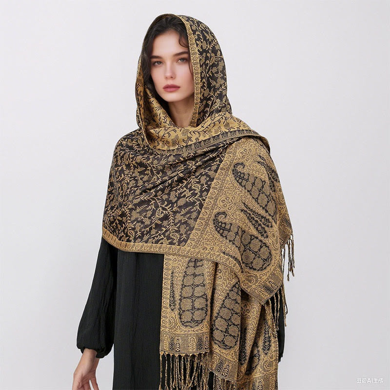 Nimara Ritual Tibetan Jacquard Paisley Flower Pattern Color Contrast Design Tassel Cozy Scarf Shawl