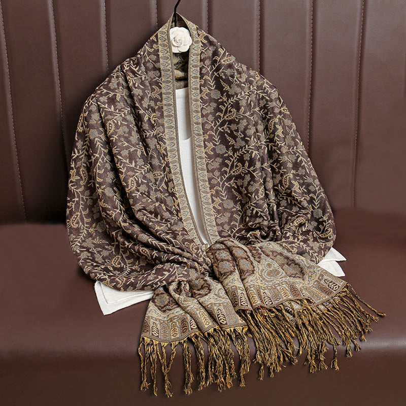 Nimara Ritual Tibetan Jacquard Paisley Flower Pattern Color Contrast Design Tassel Cozy Scarf Shawl