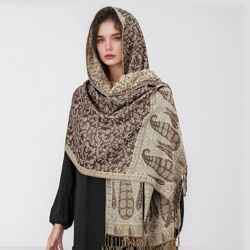 Nimara Ritual Tibetan Jacquard Paisley Flower Pattern Color Contrast Design Tassel Cozy Scarf Shawl