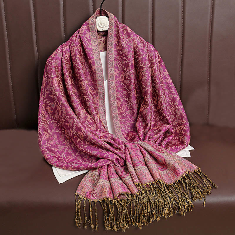 Nimara Ritual Tibetan Jacquard Paisley Flower Pattern Color Contrast Design Tassel Cozy Scarf Shawl