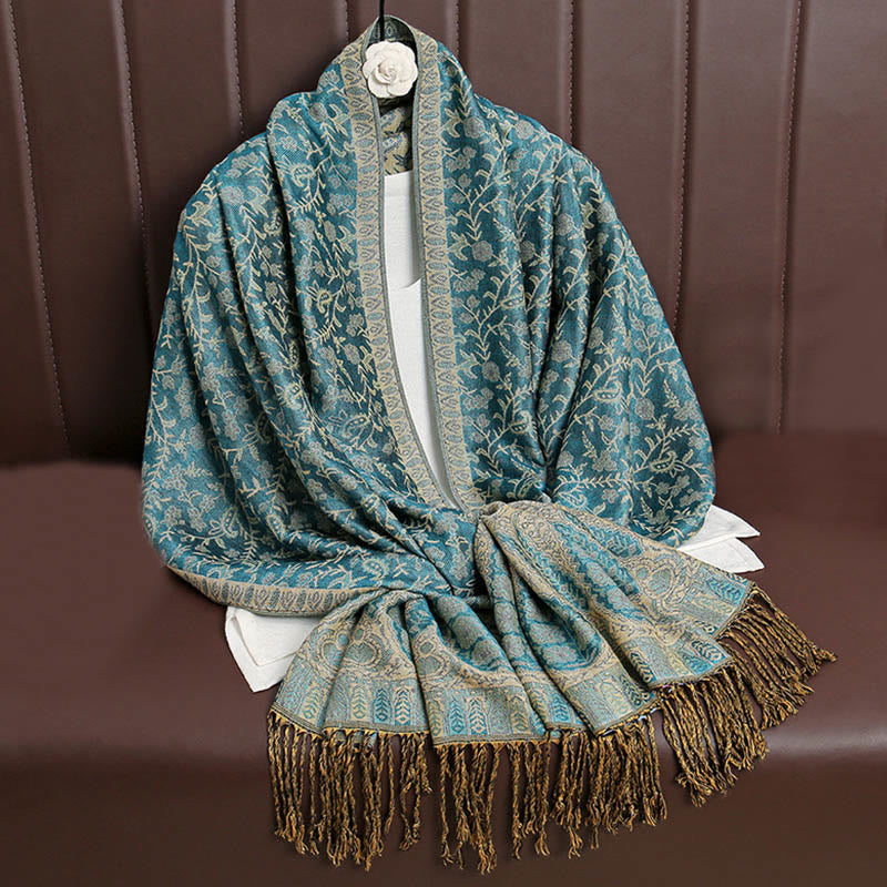 Nimara Ritual Tibetan Jacquard Paisley Flower Pattern Color Contrast Design Tassel Cozy Scarf Shawl